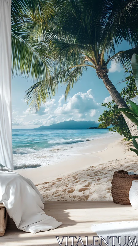 Bedroom slips into sunlit tropical shoreline dreamscape.