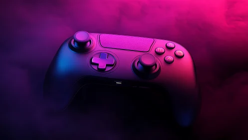 Gaming Controller Bathed in Neon Purple and Pink Light