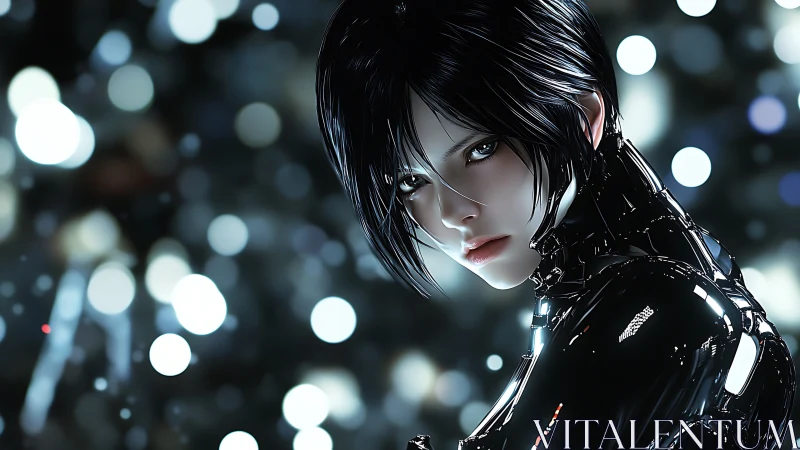 Futuristic woman in black glossy suit amid bokeh lights.