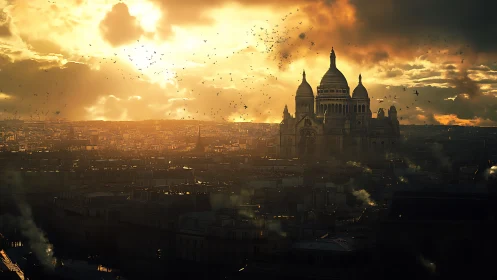 Sunlit domed cathedral over dense city at dramatic dusk.