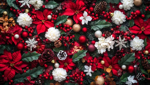Crimson poinsettias and winter blooms weave festive tapestry.