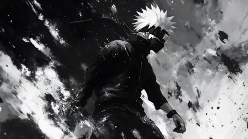 Masked white haired ninja in dynamic black brushstorm scene.
