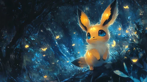 Small foxlike creature in glowing blue forest at night.