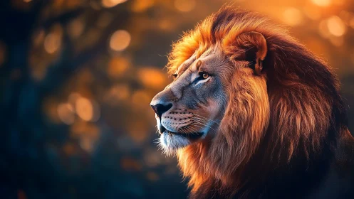High-detail lion portrait with warm rim lighting and shallow depth