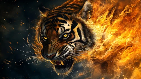 Tiger head emerging from intense fire with dark backdrop.