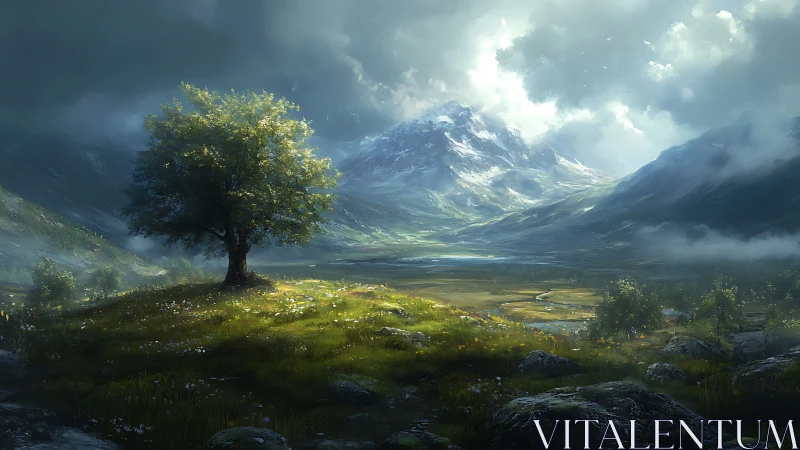 Solitary hilltop tree listens to storms crown the mountains