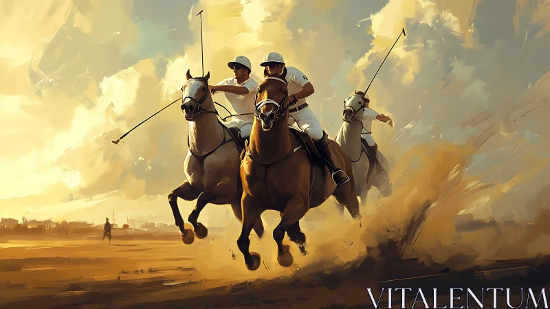 Polo players on galloping horses charge across dusty field