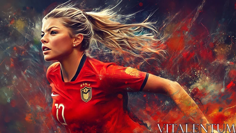 Kinetic digital portrait of sprinting football forward in red kit.