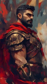 Armored male warrior in red cloak against abstract backdrop.