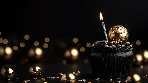 Luxury Celebration Cupcake with Gilded Sphere and Ignited Candlestick.