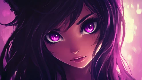 Intense anime girl portrait with glowing violet eyes.