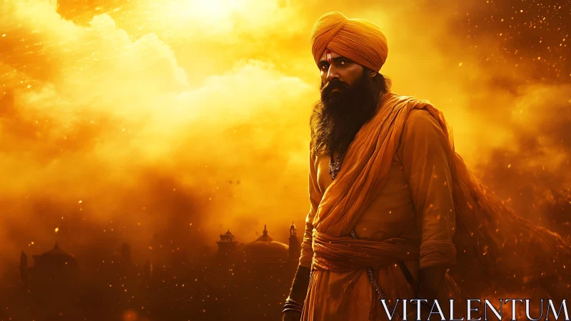 Sikh warrior in orange robes against dramatic golden sky.
