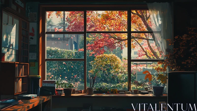 Sunlit autumn garden glows beyond a quiet studio window