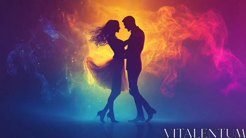 Silhouetted Couples Embraced Within Chromatic Energy Matrix.