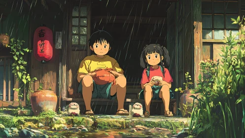 Two children seated on old wooden porch in gentle rainfall.