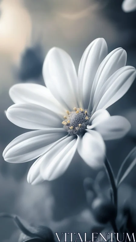 White daisy in soft focus with luminous petals against gray bokeh.
