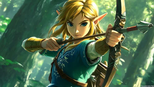 Heroic forest archer draws a focused shot in soft sunlight