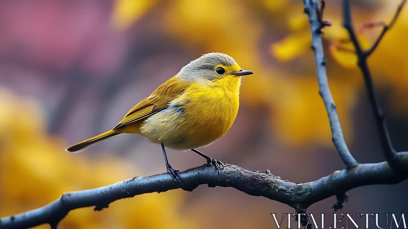 Yellow Songbird on Branch in Vibrant Autumn Nature Photography.