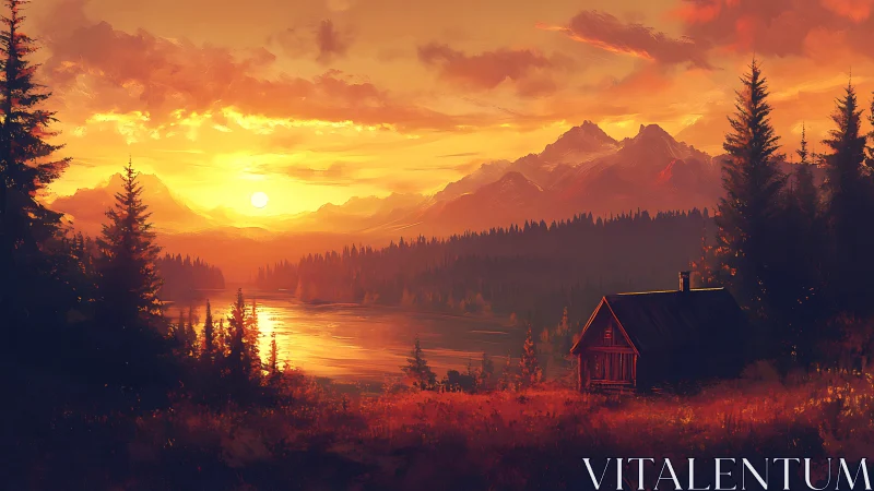 Sunlit alpine cabin beside reflective lake at golden sunset.