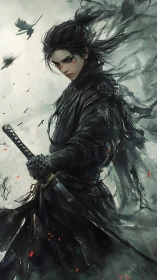 Dark ronin warrior in storm of crows and ash.