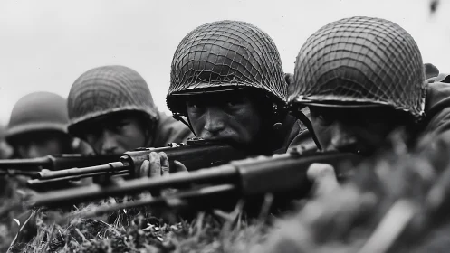 World War soldiers prone in tense frontline formation.