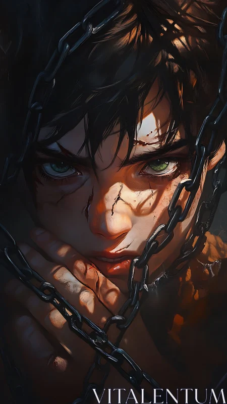 Defiant gaze in chains, a quiet spark of unbroken will.