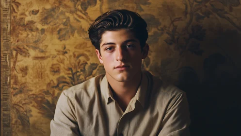 Cinematic low-key portrait against textured botanical tapestry.