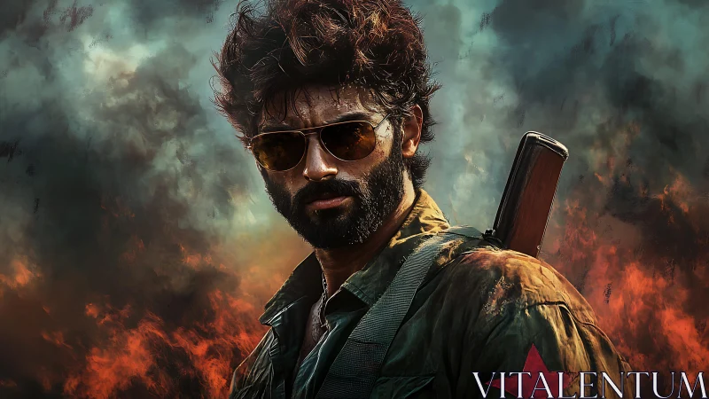 Brooding rebel soldier stands amid smoke and rising flames