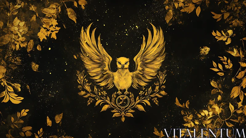 Golden phoenix owl emblem amid celestial leaf flourishes.