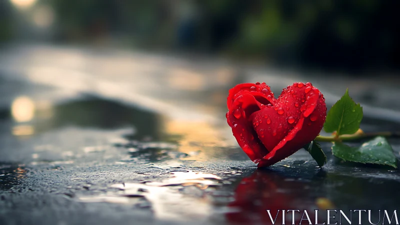 Red Rose Heart-Shaped Petals Wet with Rain Droplets