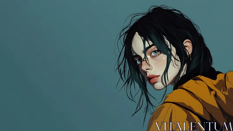 Portrait of moody girl in yellow jacket against teal field