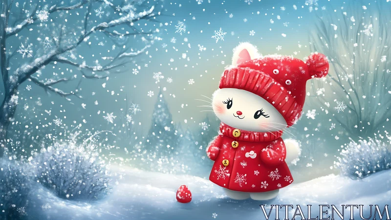 Snowflakes crown a cozy kitten wandering winter dreams