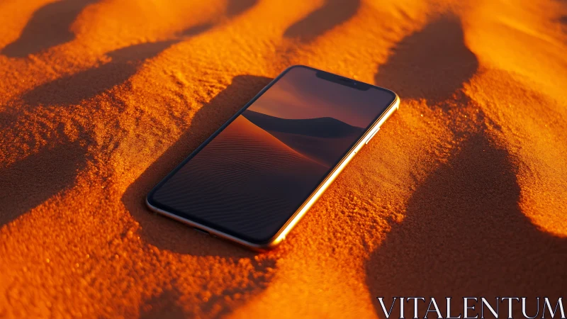 Smartphone on Desert Sand with Golden Hour Lighting.