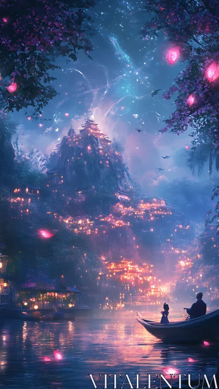 Lantern lit riverside village under starry twilight sky.