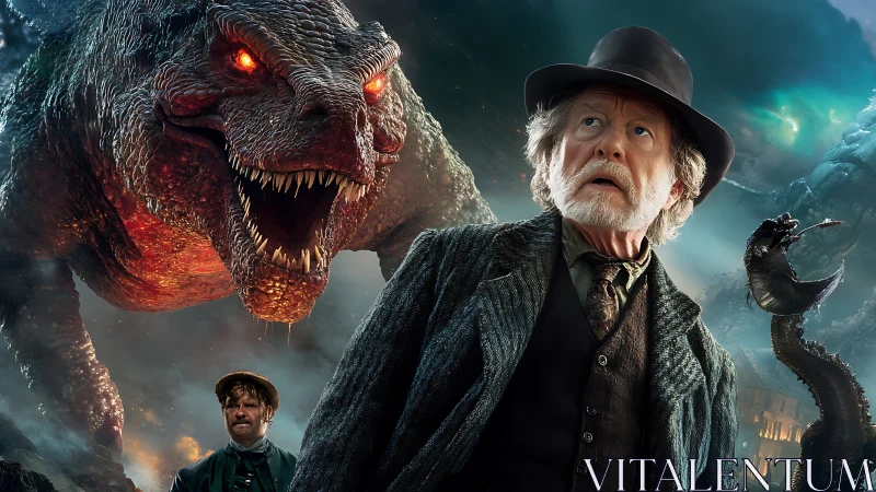 Victorian adventurers confront a fiery dragon in stormy skies