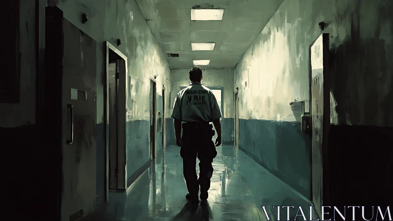Solitary guard patrols a dim, sterile institutional corridor.