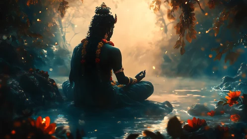 Divine blue figure meditating by luminous forest waterway