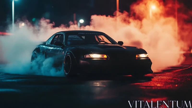 Drift car in night smoke under orange and teal lights.