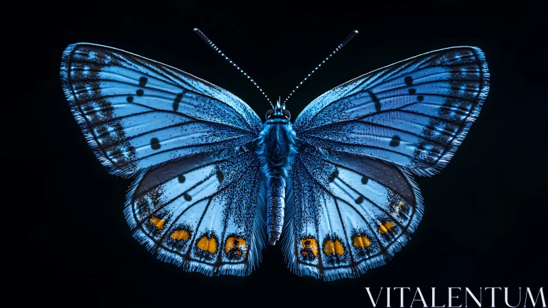 Blue butterfly macro study with luminous wing detail.