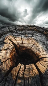 Weathered tree crater whispers storm stories to the sky