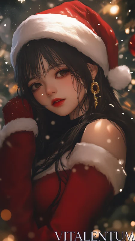 Soft winter gaze of a festive girl in a Santa hat.
