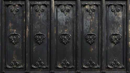 Aged black ornamental wall panels show distressed baroque relief