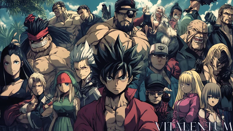 Storm-forged anime warriors gather in defiant battlefront pose.