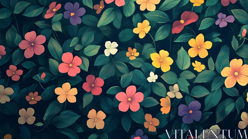 Botanical Illustration. Colorful Flowers Against Dark Foliage.