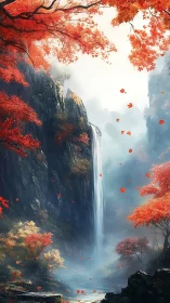 Vertical waterfall between cliffs with red autumn foliage.