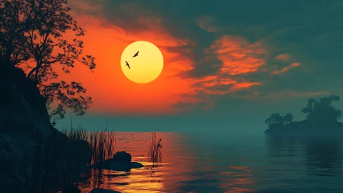 Sunset lake glows behind silhouetted trees and distant islet