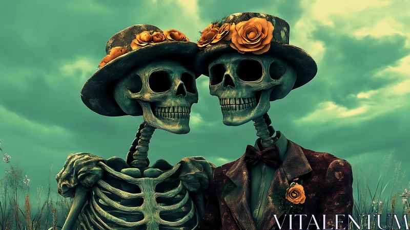 Elegant skeleton couple shares a timeless, dapper moment together