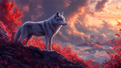 Lone white wolf surveys a fiery red valley at stormy sunset