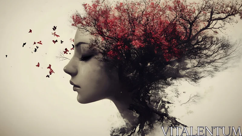 Surreal female profile merging into crimson blossom tree.