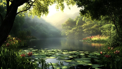 Sunlit forest lake with lilies and dense green foliage.